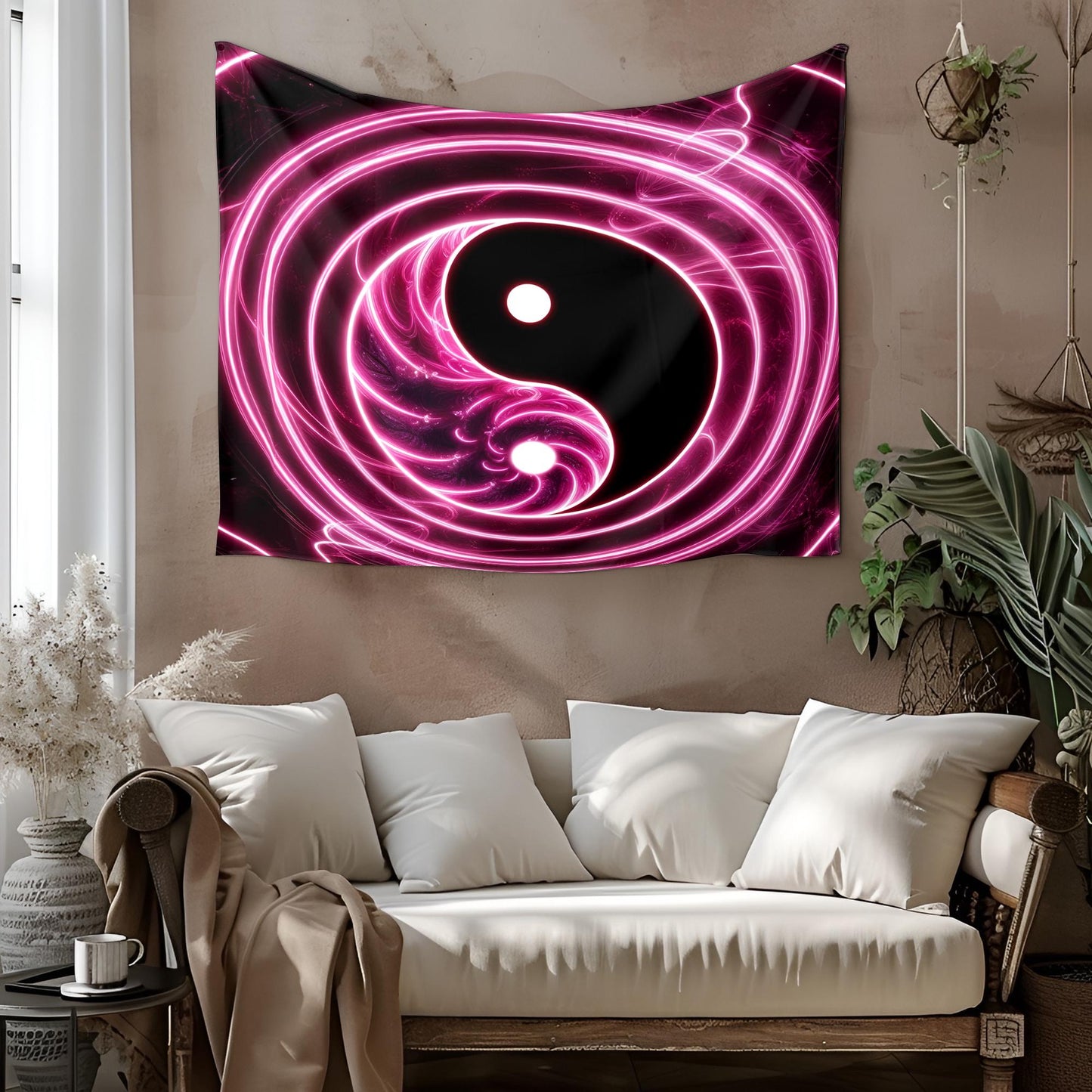 Massive Glowing Yin Yang Tapestry, Neon Swirling Light Trails, Infinite Fractal Reflections, Ultra HD Psychedelic Balance Symbol Wall Art