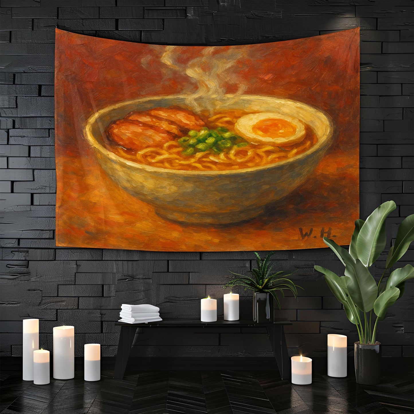 Ramen Bowl Wall Art Print, Japanese Noodle Soup Painting with Egg and Pork, Warm Kitchen Decor for Food Lovers and Ramen Enthusiasts