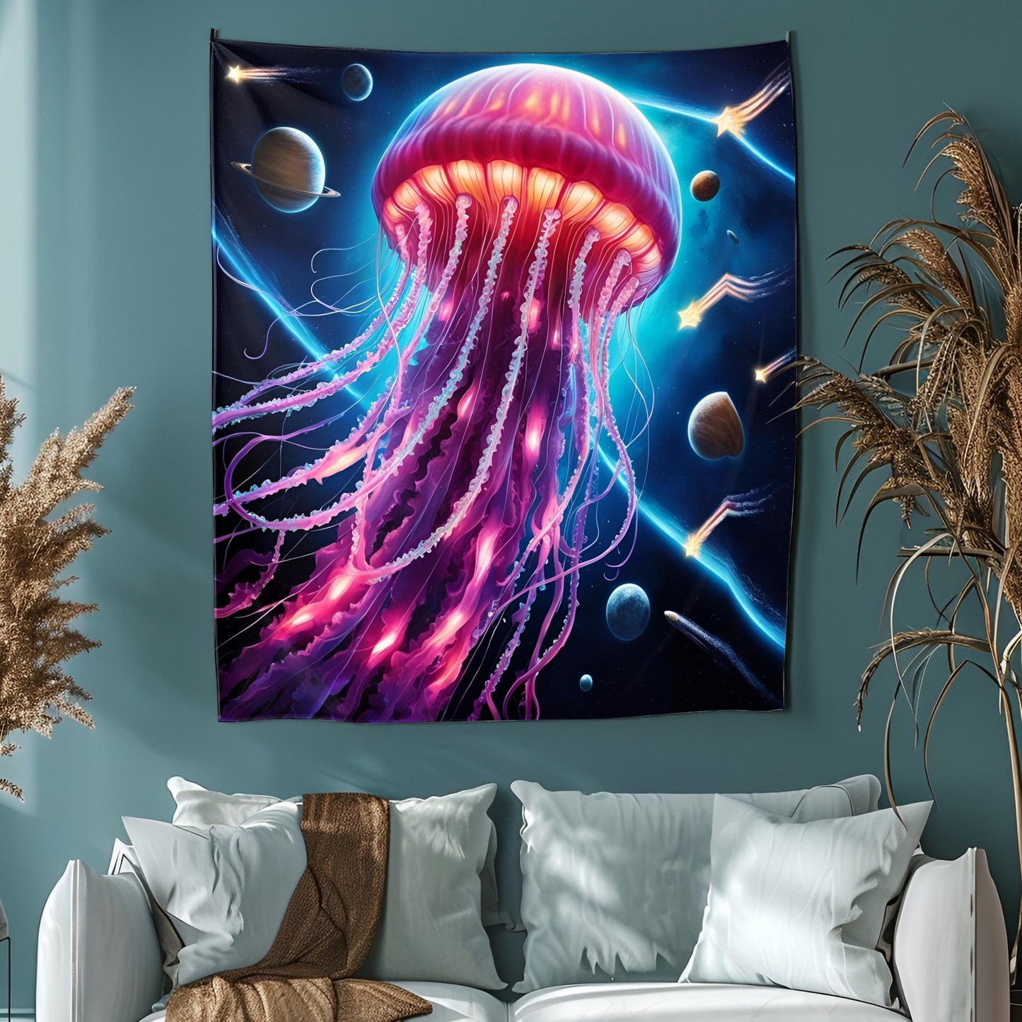 Bioluminescent Space Jellyfish Tapestry, Glowing Tentacles & Cosmic Patterns, Psychedelic Neon Galaxy Wall Art, Trippy Tapestries