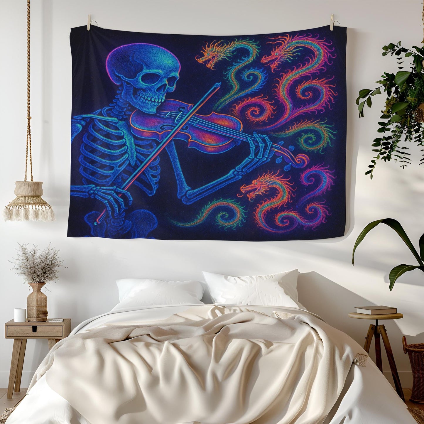 Skeleton Violin Tapestry, Psychedelic Gothic Wall Art, Trippy Neon Room Decor, Dark Boho Skeleton Print, Unique Gift for Musicians