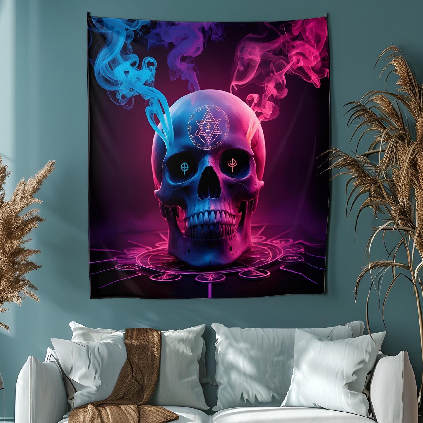 Mystical Skull Tapestry, Neon Smoke & Sacred Symbols, Dark Surreal Wall Art, Hyper-Detailed Psychedelic Decor, Trippy Wall Decoration
