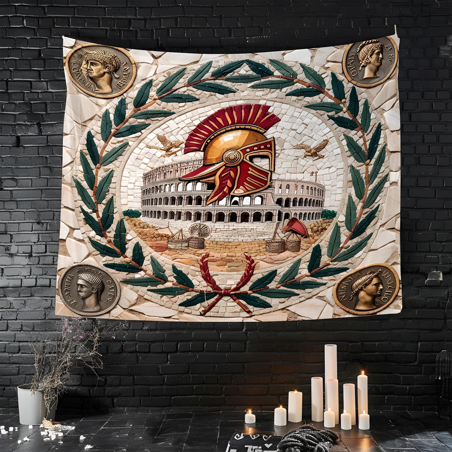 Roman Mosaic Tapestry with Gladiator Helmets, Laurel Wreaths, Colosseum & Ancient Coin Details, Marble Texture Classical Wall Art