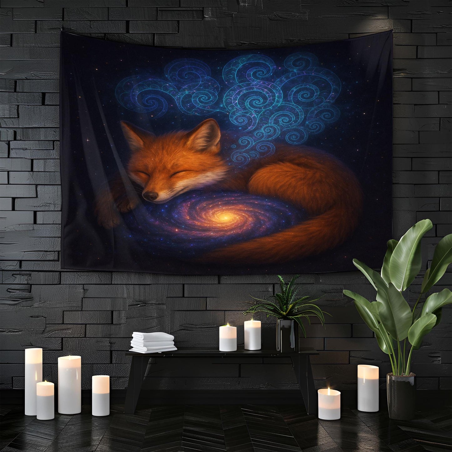 Sleeping Fox Galaxy Wall Tapestry, Mystical Animal and Universe Art Print, Dreamy Celestial Decor for Boho Bedroom or Meditation Space