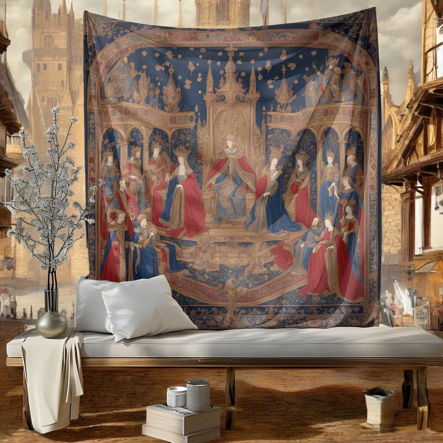 Medieval Royal Tapestry - King and Queen Sitting on Golden Thrones - Gothic Wall Hanging - Renaissance Home Decor - Castle-Inspired Art