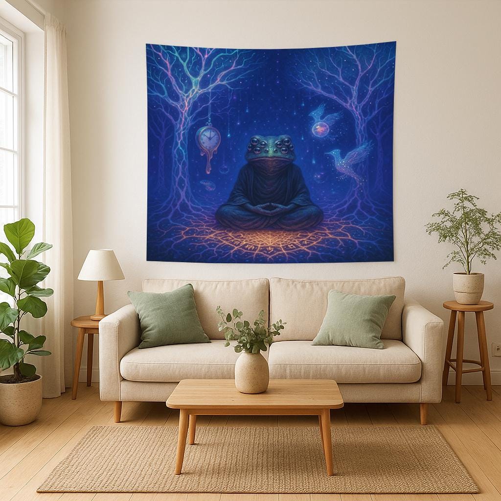 Psychedelic Frog Tapestry β Trippy Meditating Creature Wall Art, Surreal Time and Space Decor, Cosmic Boho Tapestry, Mystical Visionary