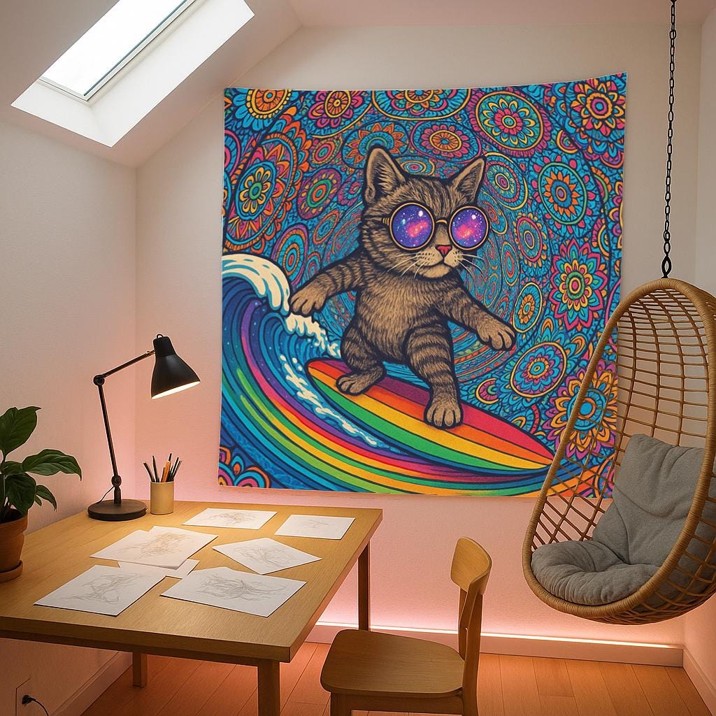 Psychedelic Surfing Cat Wall Tapestry, Trippy Rainbow Surfboard Art with Cool Kitten in Sunglasses, Fun Boho Decor for Dorm or Bedroom