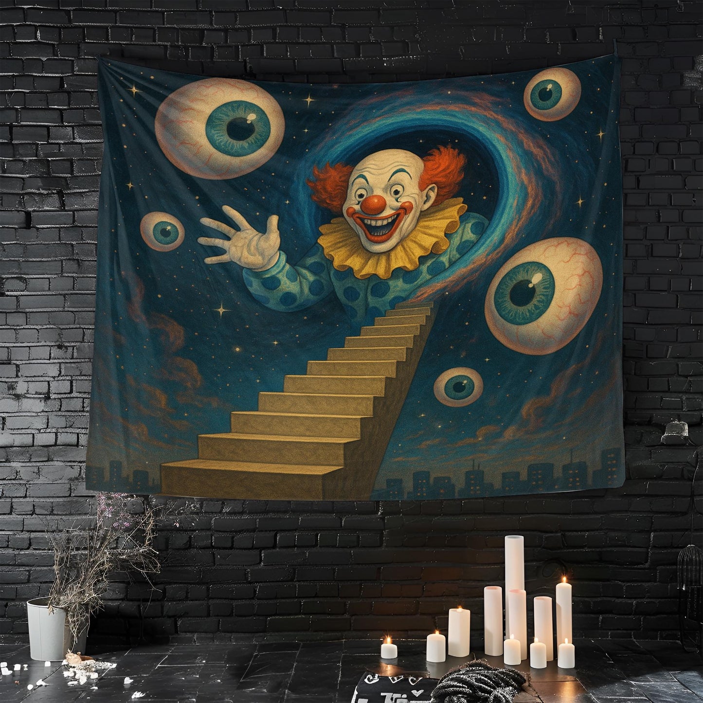 Staircase To Stars Tapestry With Clown Emerging From Wormhole And Orbiting Eyeballs, Surreal Psychedelic Wall Art, Gift For Him Or Her