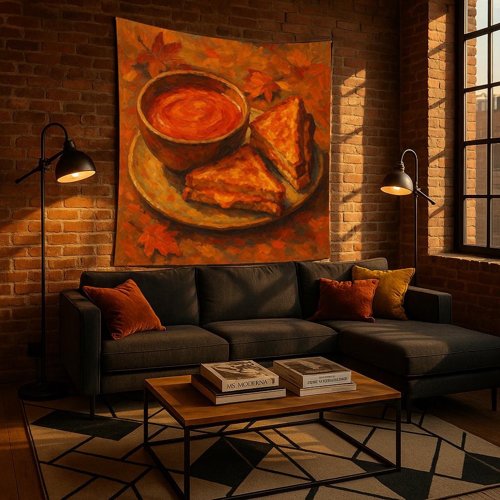 Grilled Cheese and Tomato Soup Wall Tapestry, Cozy Comfort Food Art Print with Autumn Leaves, Warm Kitchen or Dining Room Decor Piece