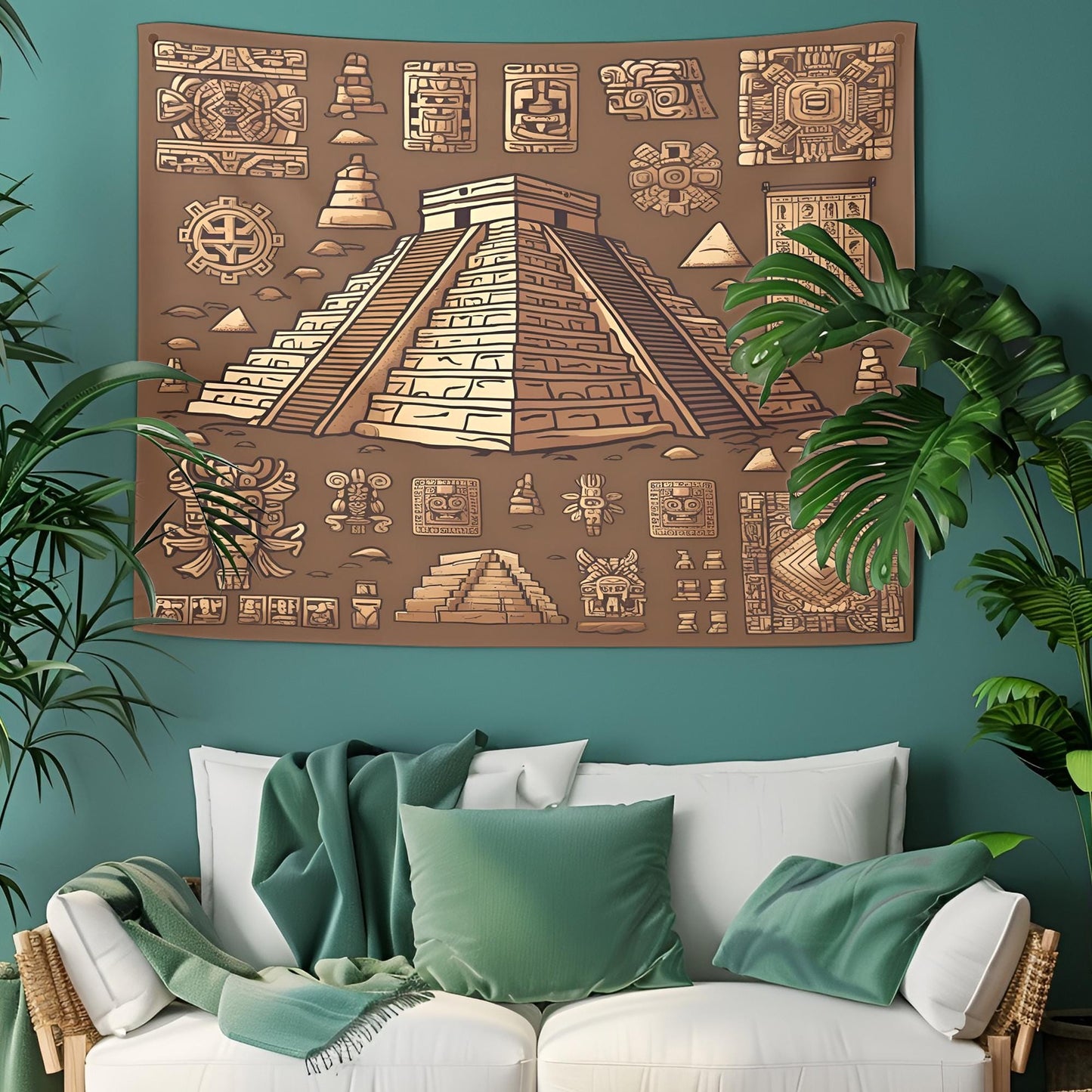 Seamless Mayan Tapestry with Pyramids, Calendar Symbols & Intricate Stone Carvings, Earthy Tones Ancient Mesoamerican Wall Art