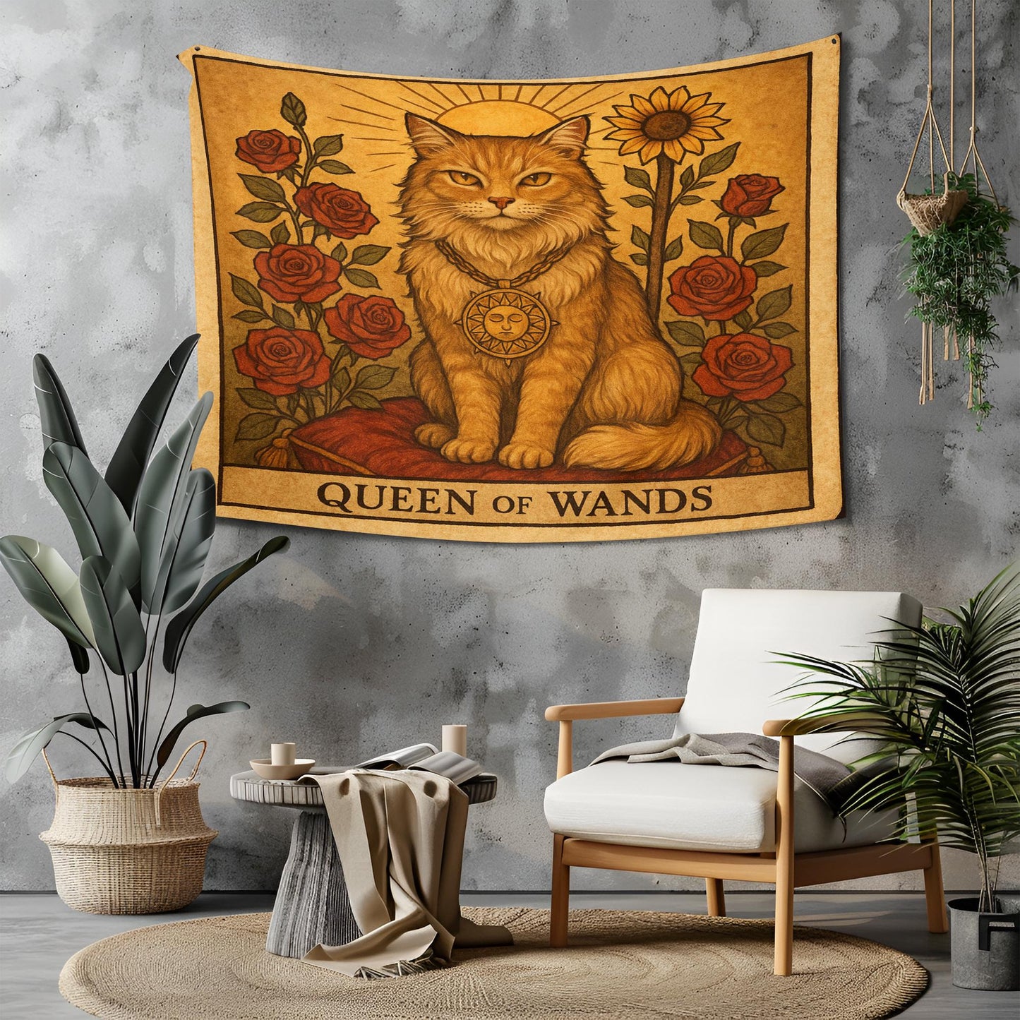 Queen of Wands Cat Tapestry – Tarot-Inspired Cat Wall Art, Boho Mystic Decor, Empowering Tapestry for Bedroom, Living Room or Altar
