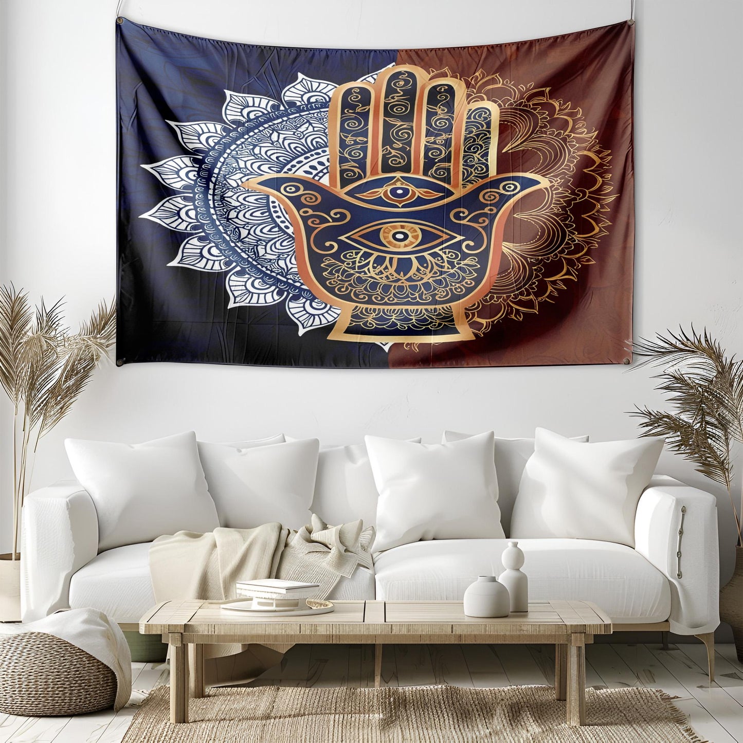 Mystical Hamsa Hand Mandala Tapestry, Indian Spiritual Wall Hanging, Deep Blue Gold Terracotta Boho Decor, Protective Eye Design