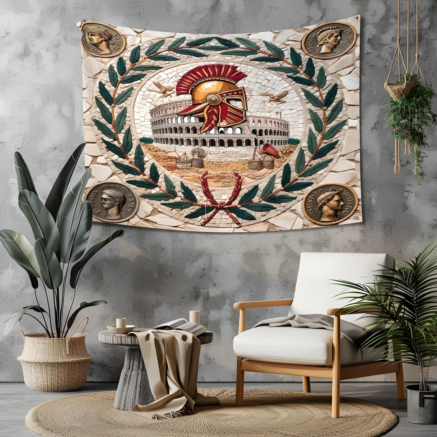 Roman Mosaic Tapestry with Gladiator Helmets, Laurel Wreaths, Colosseum & Ancient Coin Details, Marble Texture Classical Wall Art