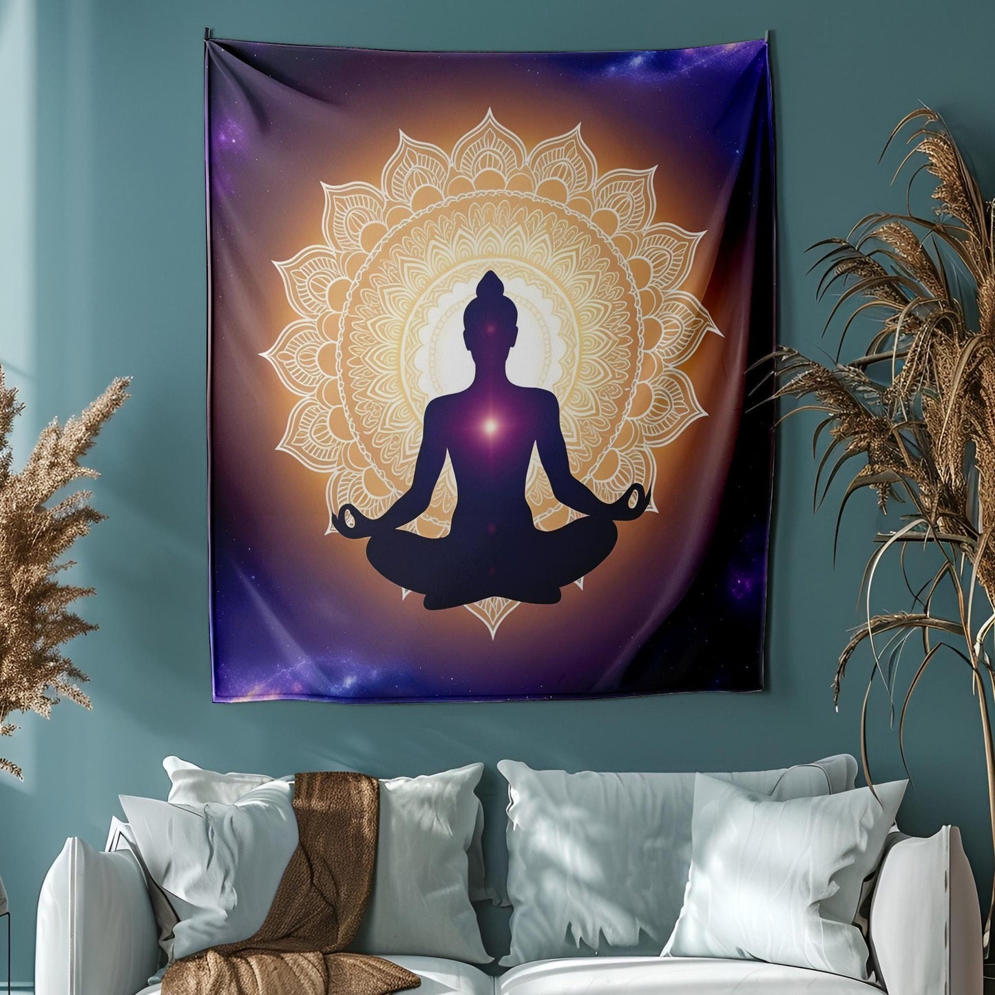 Meditating Silhouette Mandala Tapestry, Cosmic Gradient Wall Art, Indigo Violet Gold Decor, Spiritual Enlightenment Design