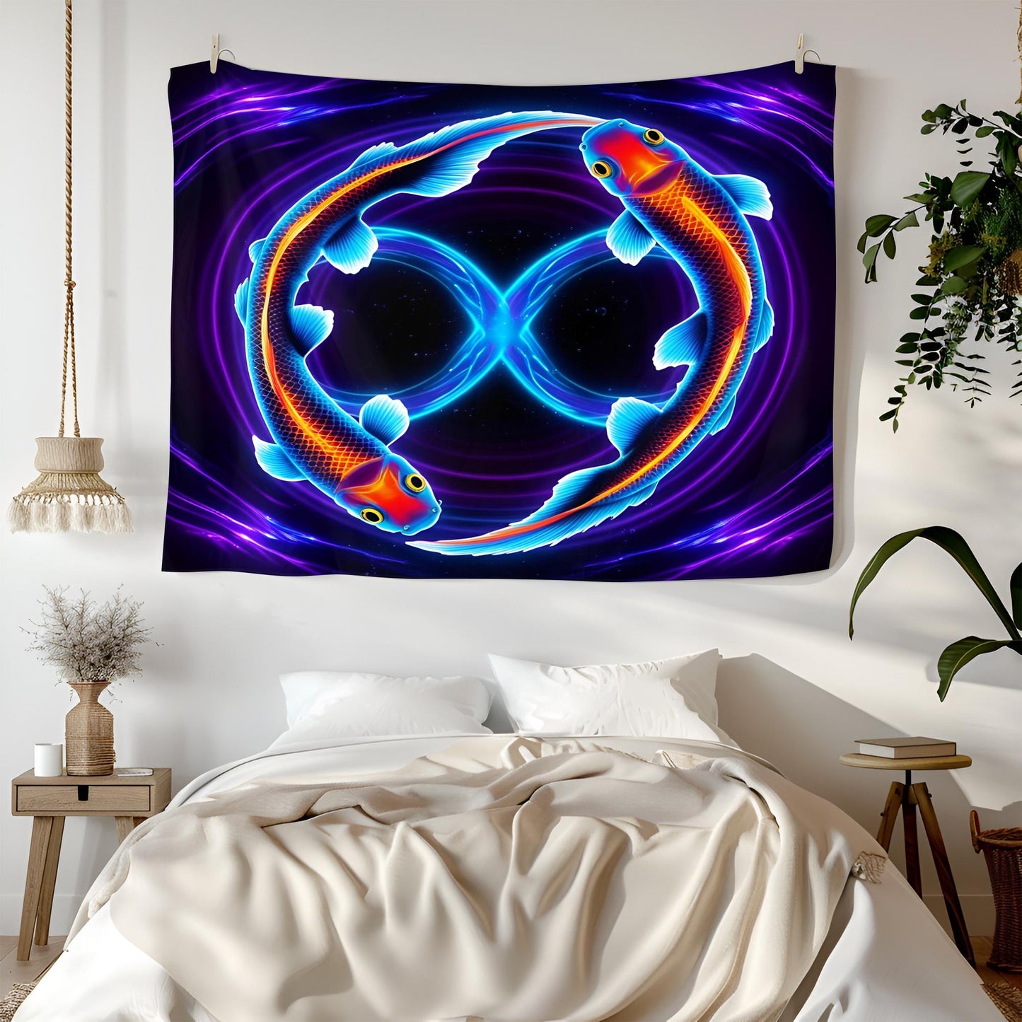 Neon Koi Fish Infinity Tapestry, Glowing Cosmic Water Ripples, Psychedelic Blue Purple Art, Mesmerizing Symbol of Balance & Energy Flow
