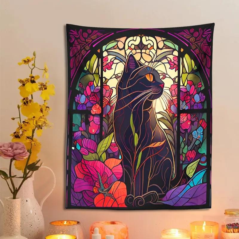 Psychedelic Black Cat Tapestry Wall Hanging with Rose and Sunbeam, Art Nouveau Floral Wall Art for Cat Lovers, Animal Themed Home Decor Gift