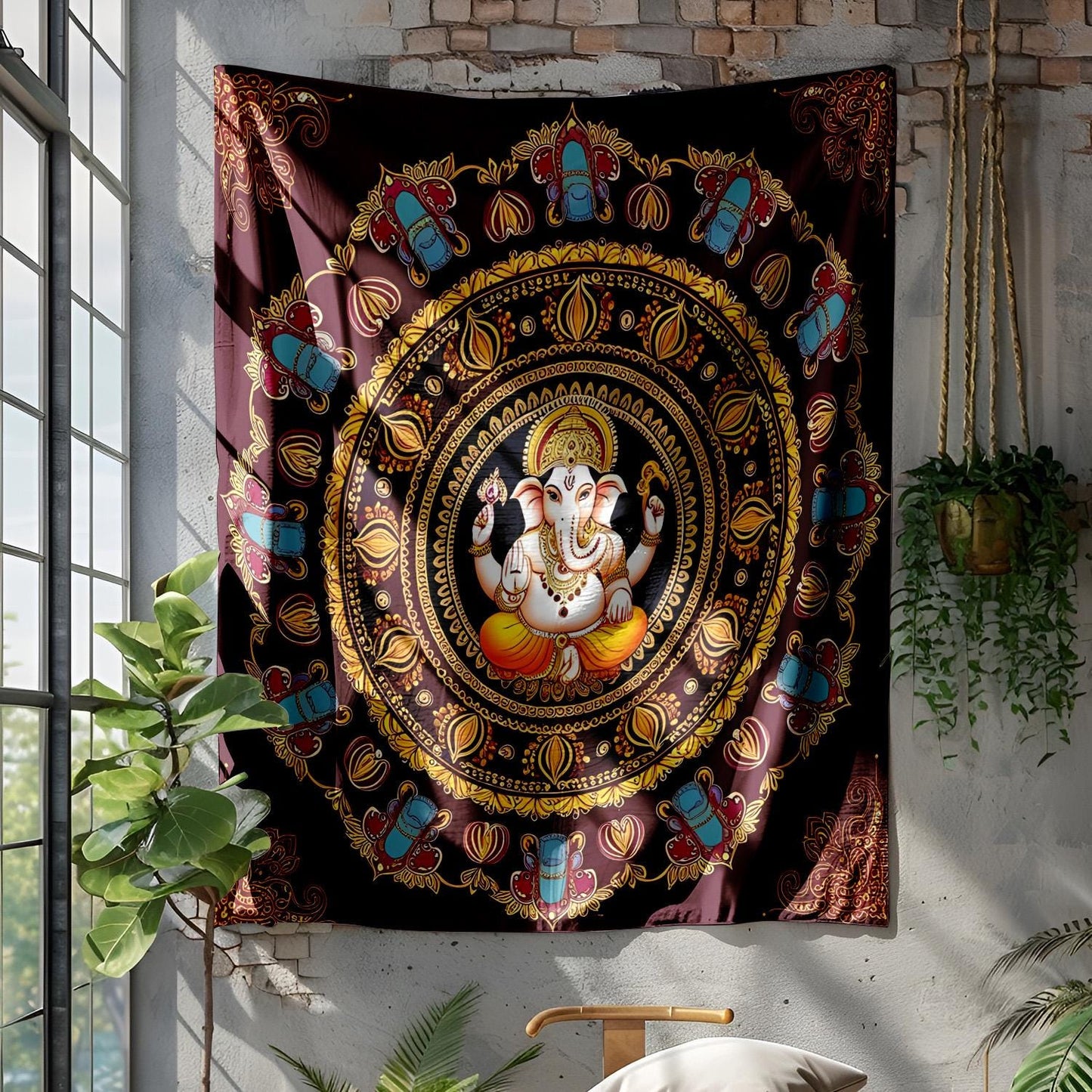 Lord Ganesha Mandala Tapestry, Indian Spiritual Wall Hanging, Elephant Motif Decor, Maroon Saffron Boho Art, Hindu Sacred Design
