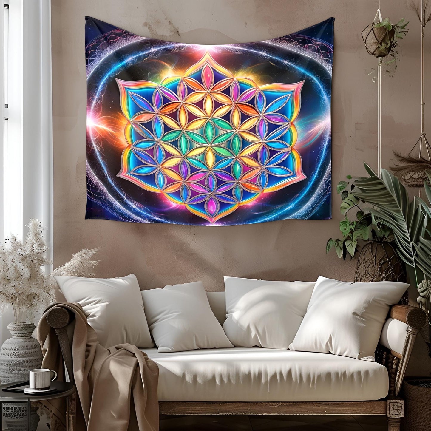 Sacred Flower of Life Tapestry, Glowing Rainbow Energy Art, Holographic Luminous Patterns, Infinite Reflections Decor , Trippy Tapestry