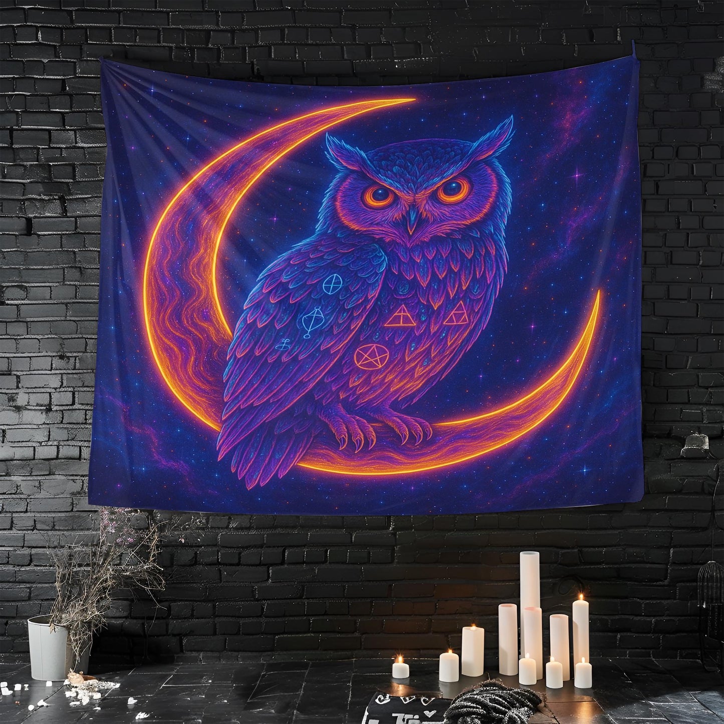 Neon Owl On Crescent Moon Tapestry, Color Shifting Feathers With Sacred Symbols, Celestial Cosmic Wall Art, Trippy Gift For Her Or Him