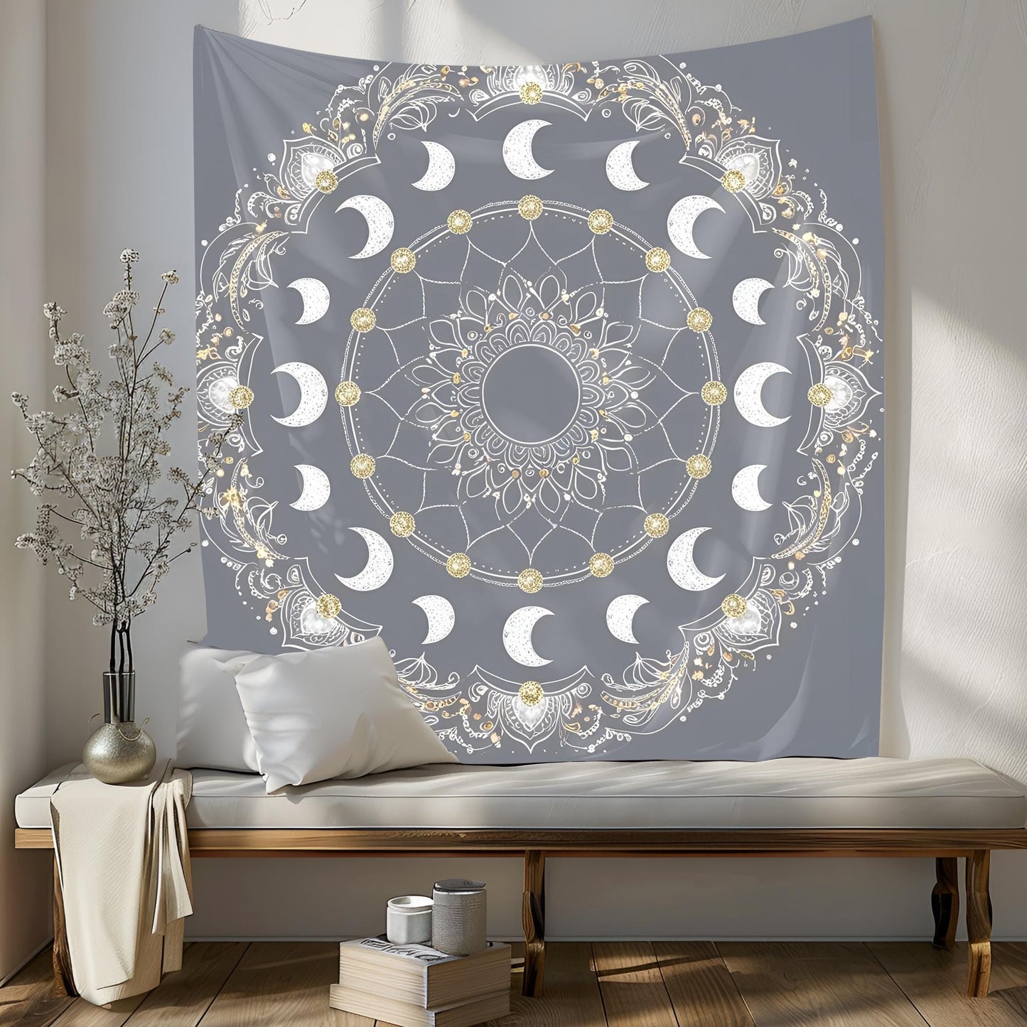 Celestial Mandala Tapestry, Crescent Moon Phases with Silver & Gold Accents, Intricate Swirling Patterns, Cosmic Boho Wall Decor