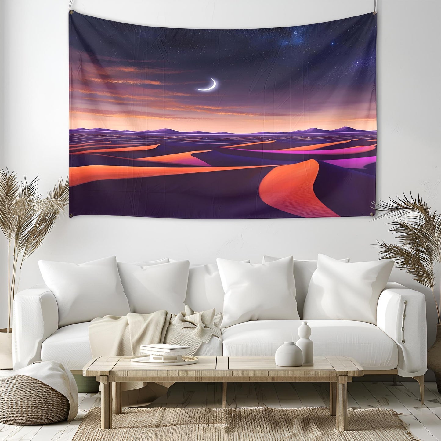 Desert Landscape Tapestry, Starry Night Sky with Crescent Moon, Deep Orange Sand Dunes & Purple Shadows, Tranquil Boho Wall Art