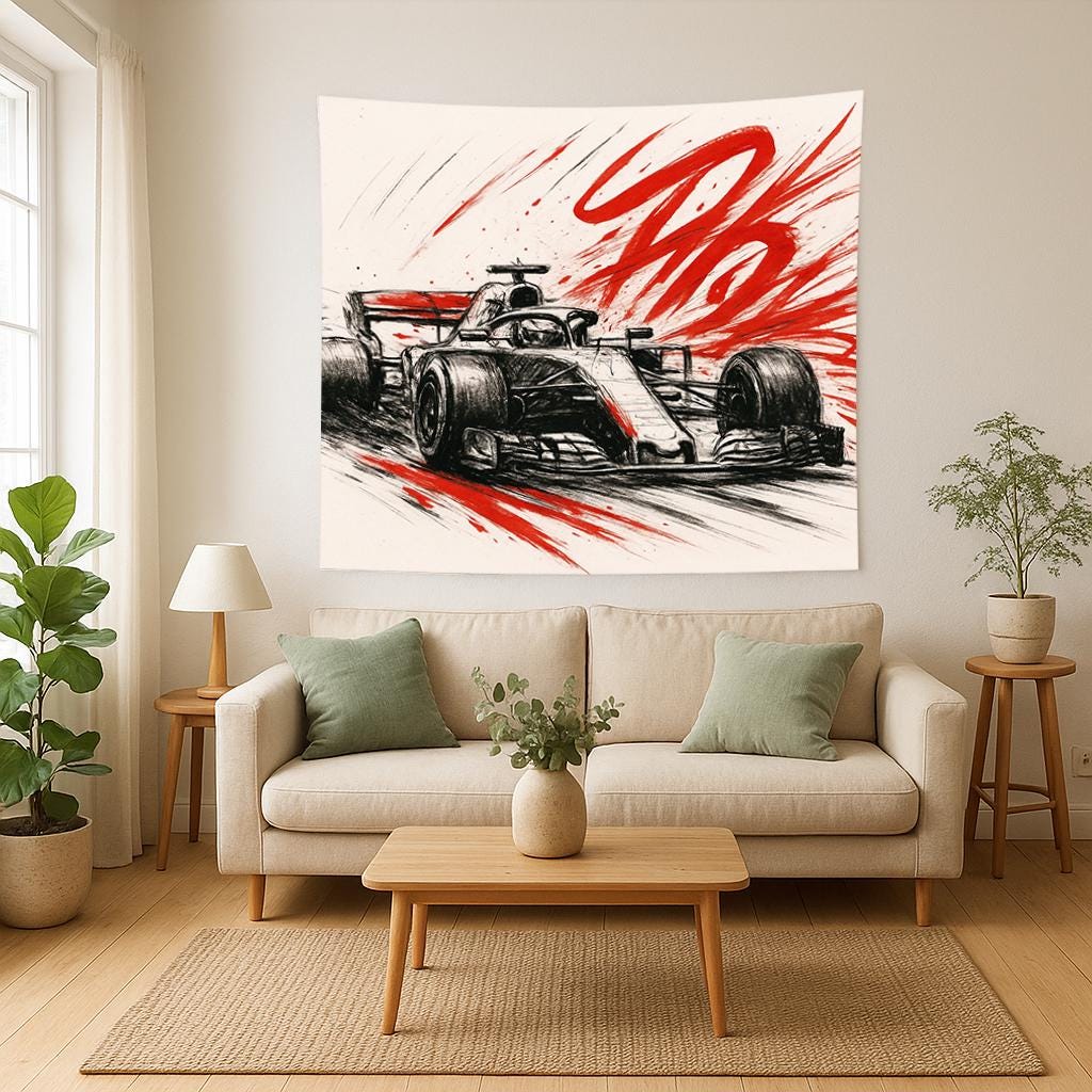 Formula 1 Racing Sketch Tapestry, Red & Black F1 Car Wall Art, Speed Decor for Car Lovers, Motorsport Man Cave Gift, Dynamic Auto Print