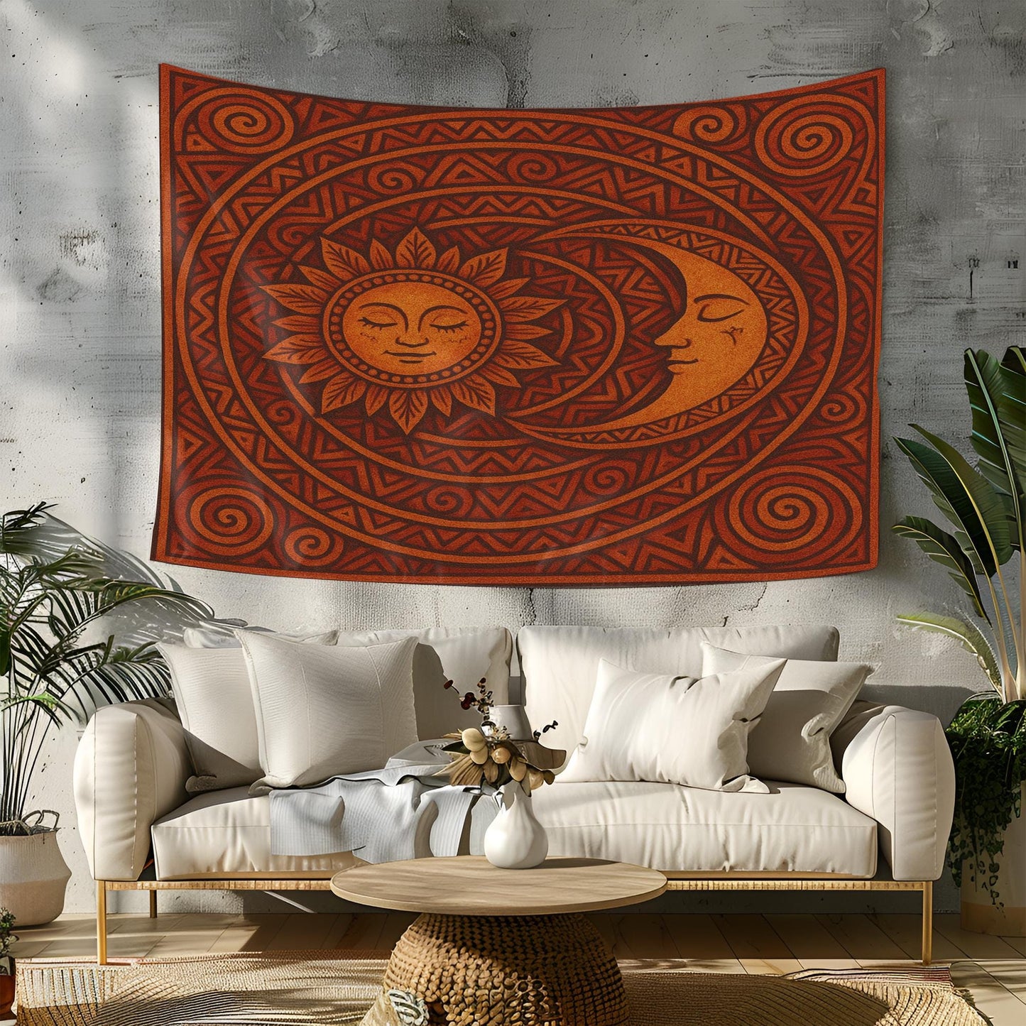 Sun and Moon Tapestry Wall Hanging β Tribal Celestial Boho Decor with Smiling Faces and Swirled Earthy Orange Geometric Mandala Design