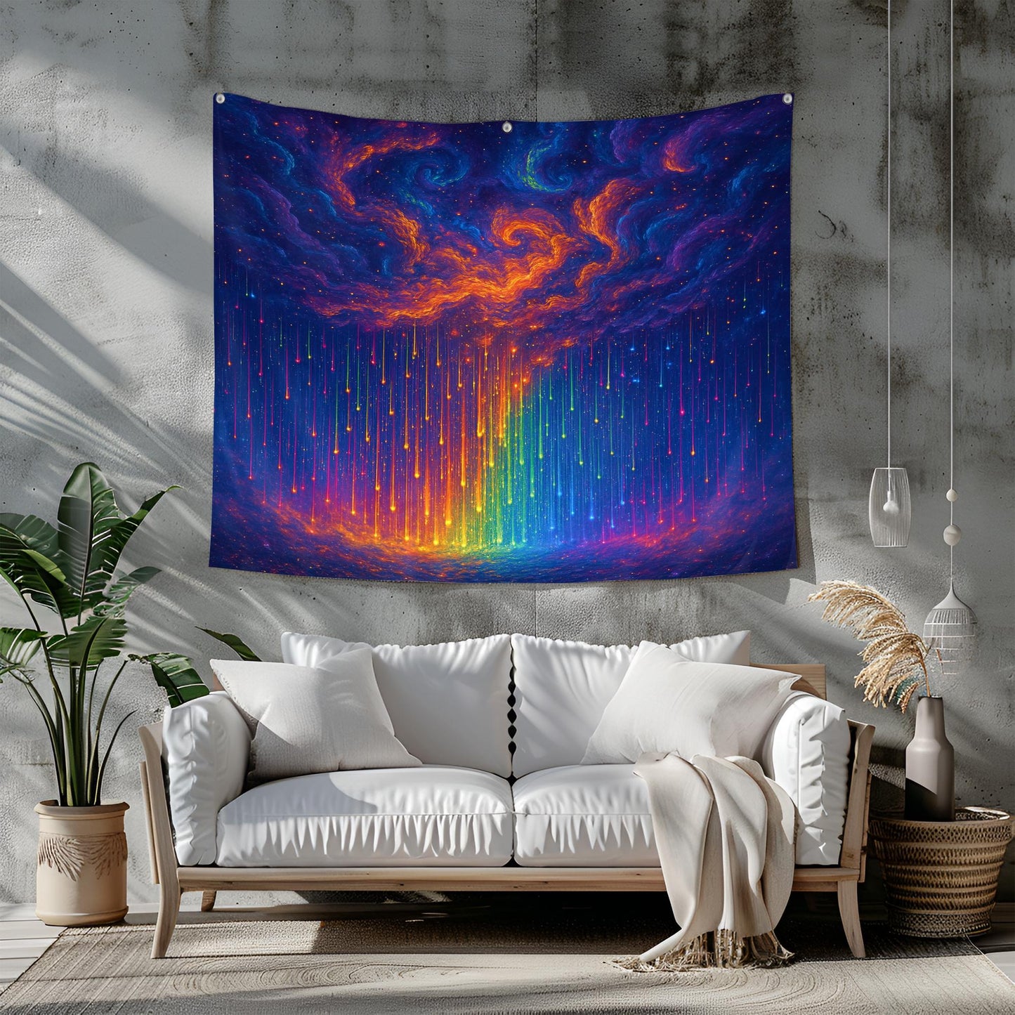 Cosmic Storm Tapestry with Glowing Rainbow Rain and Swirling Nebulae in a Surreal Dreamlike Atmosphere with Trippy Mesmerizing Effect