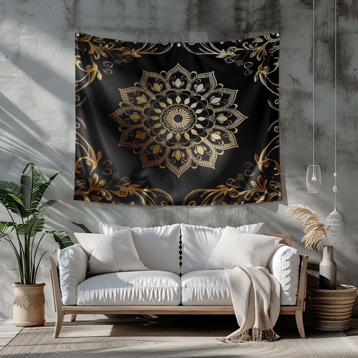 Black Gold Mandala Tapestry, Luxurious Metallic Wall Hanging, Elegant Boho Decor, Intricate Swirling Design Art, Luxurious Mandala