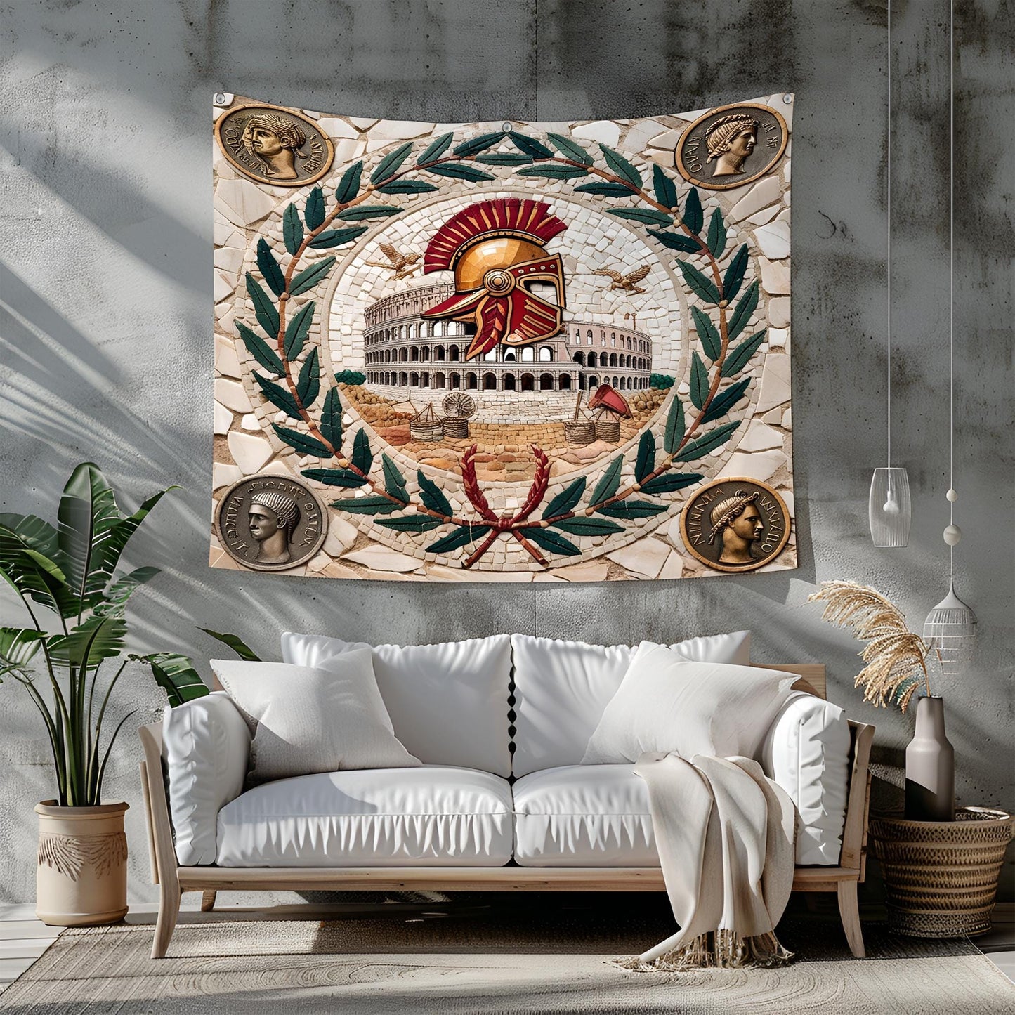 Roman Mosaic Tapestry with Gladiator Helmets, Laurel Wreaths, Colosseum & Ancient Coin Details, Marble Texture Classical Wall Art