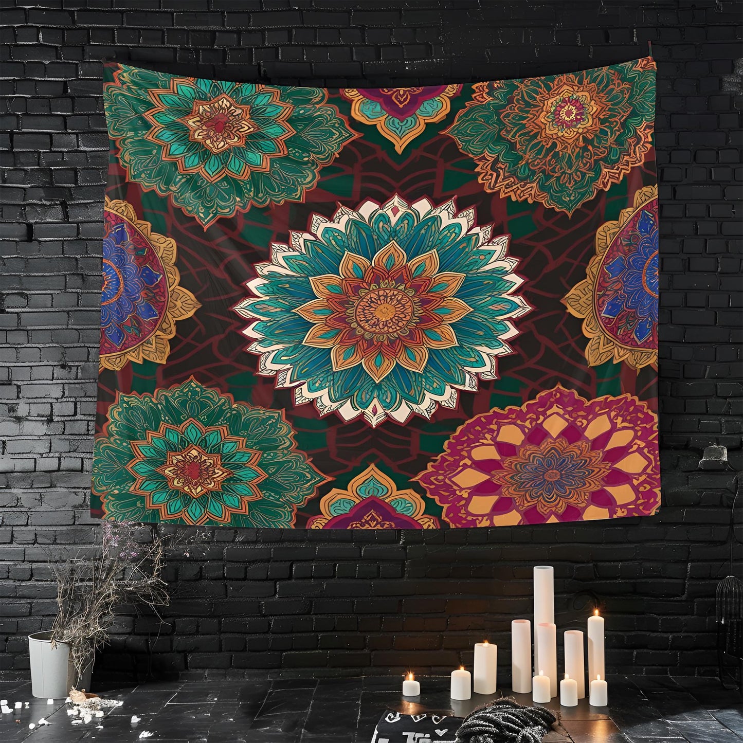 Moroccan Mandala Pattern Tapestry, Seamless Ornate Geometric Design with Rich Jewel Tones, Intricate Interwoven Details, Boho Wall Art