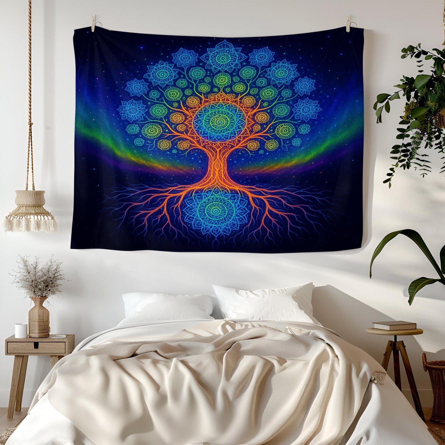 Mandala Tree of Life Tapestry Wall Hanging, Psychedelic Rainbow Art Decor, Spiritual Boho Wall Art for Bedroom Living Room Ambience