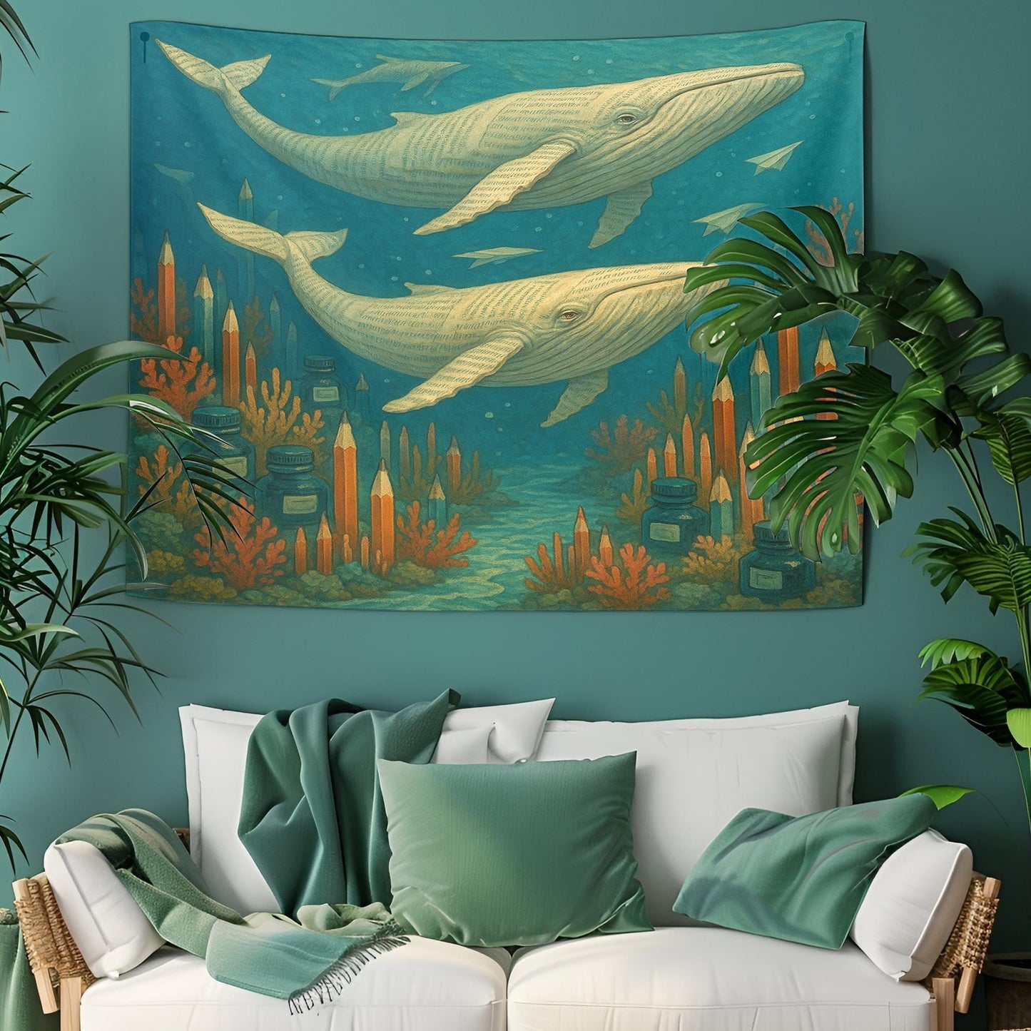 Book Page Whales Tapestry, Surreal Underwater Scene With Pencil Coral Reefs And Ink Sea, Dreamy Literary Wall Art, Gift For Book Lovers