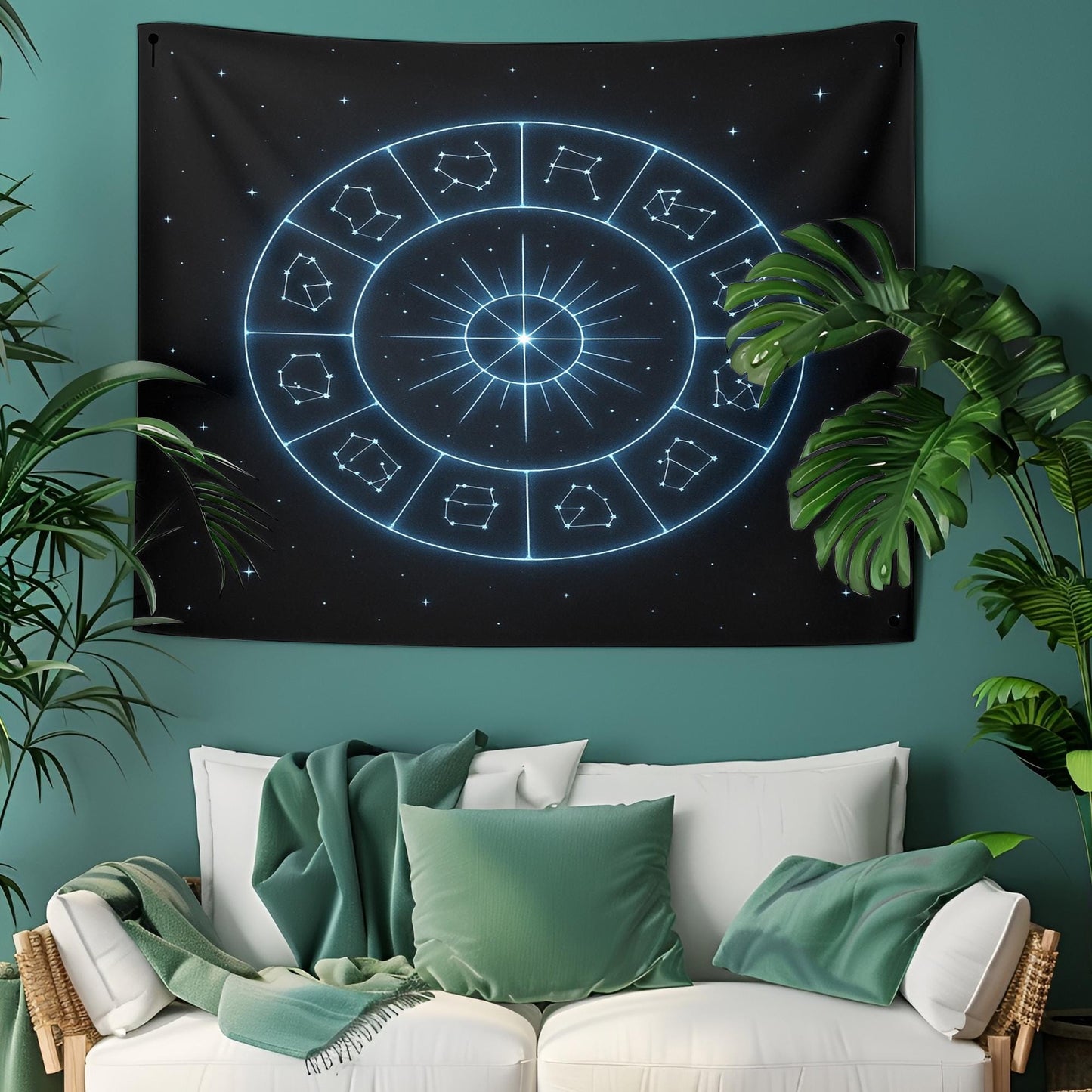 Zodiac Sign Constellation Wall Tapestry in Glowing Blue on Black β Celestial Astrology Decor for Bedroom, Meditation or Dorm Room Style