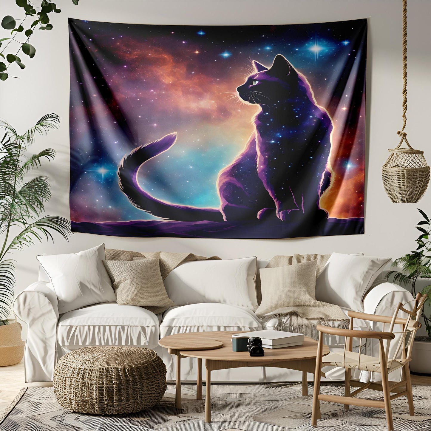 Galactic Cat Tapestry - Cosmic Nebula Kitty Wall Hanging - Mystical Celestial Decor - Space Themed Cat Art - Astrology Zodiac Wall Tapestry