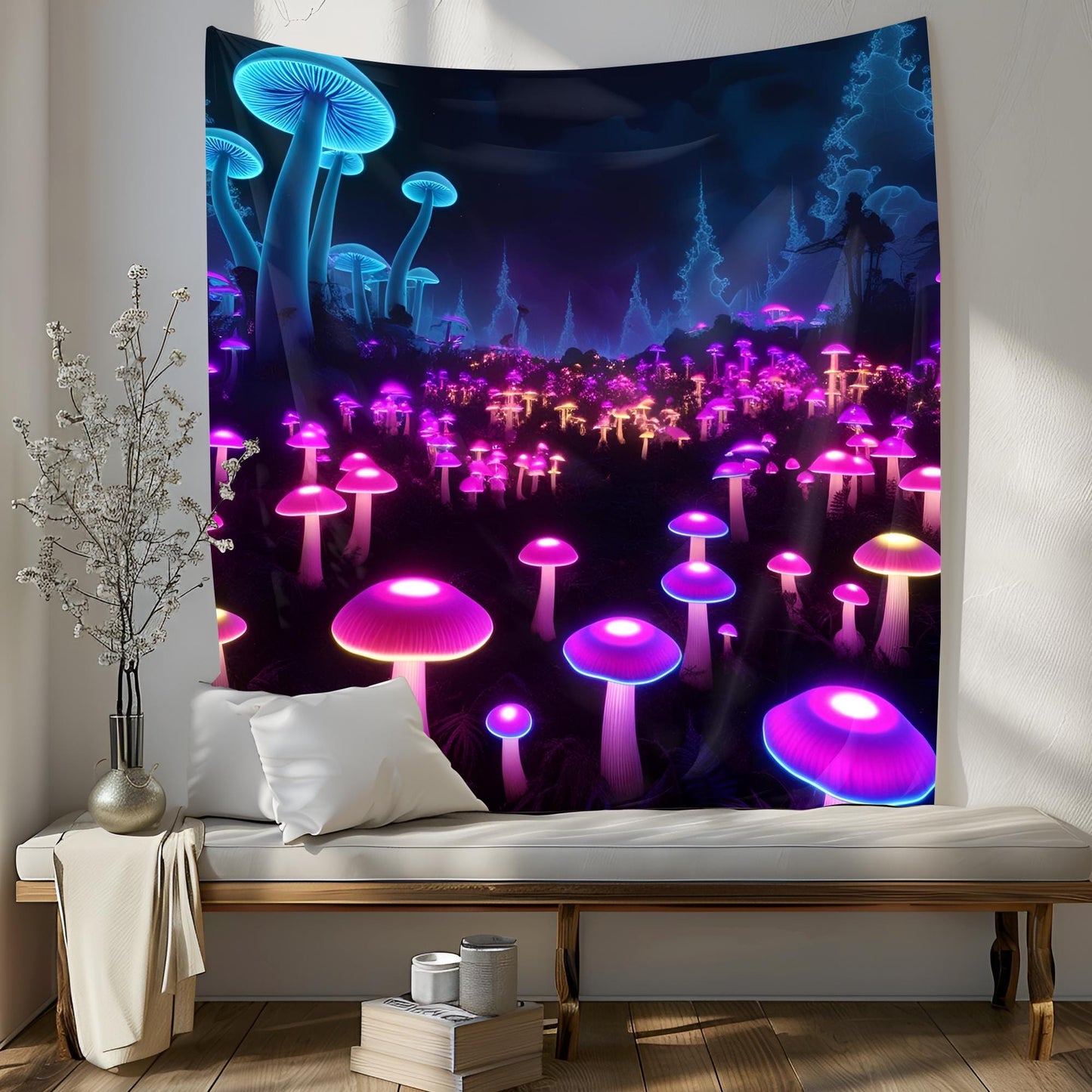 Glowing Bioluminescent Mushroom Forest Tapestry, Neon Fungi Dreamscape, Surreal Fractal Background, Dark Purple Blue Psychedelic Art