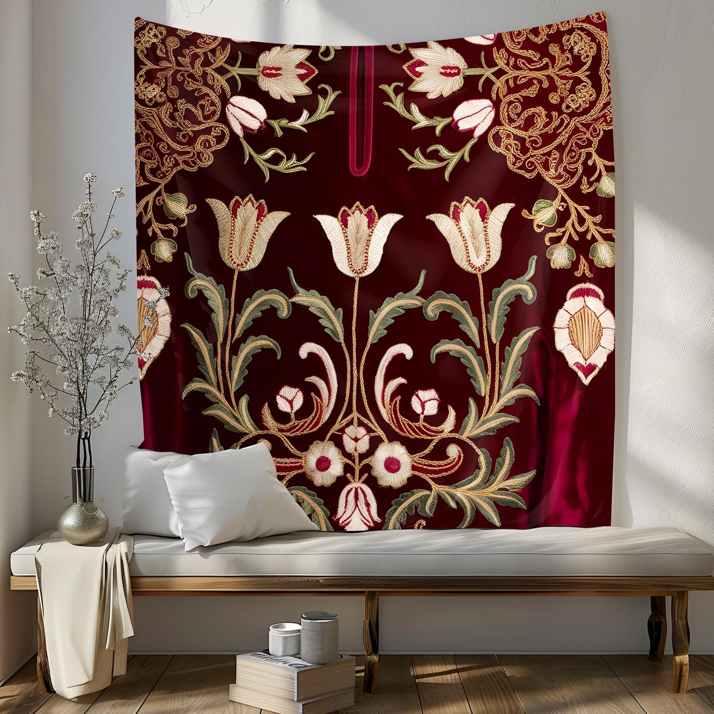 Ottoman Kaftan Embroidery Tapestry, Intricate Tulip Motifs & Golden Arabesques on Rich Velvet Textures, Luxurious Traditional Wall Art