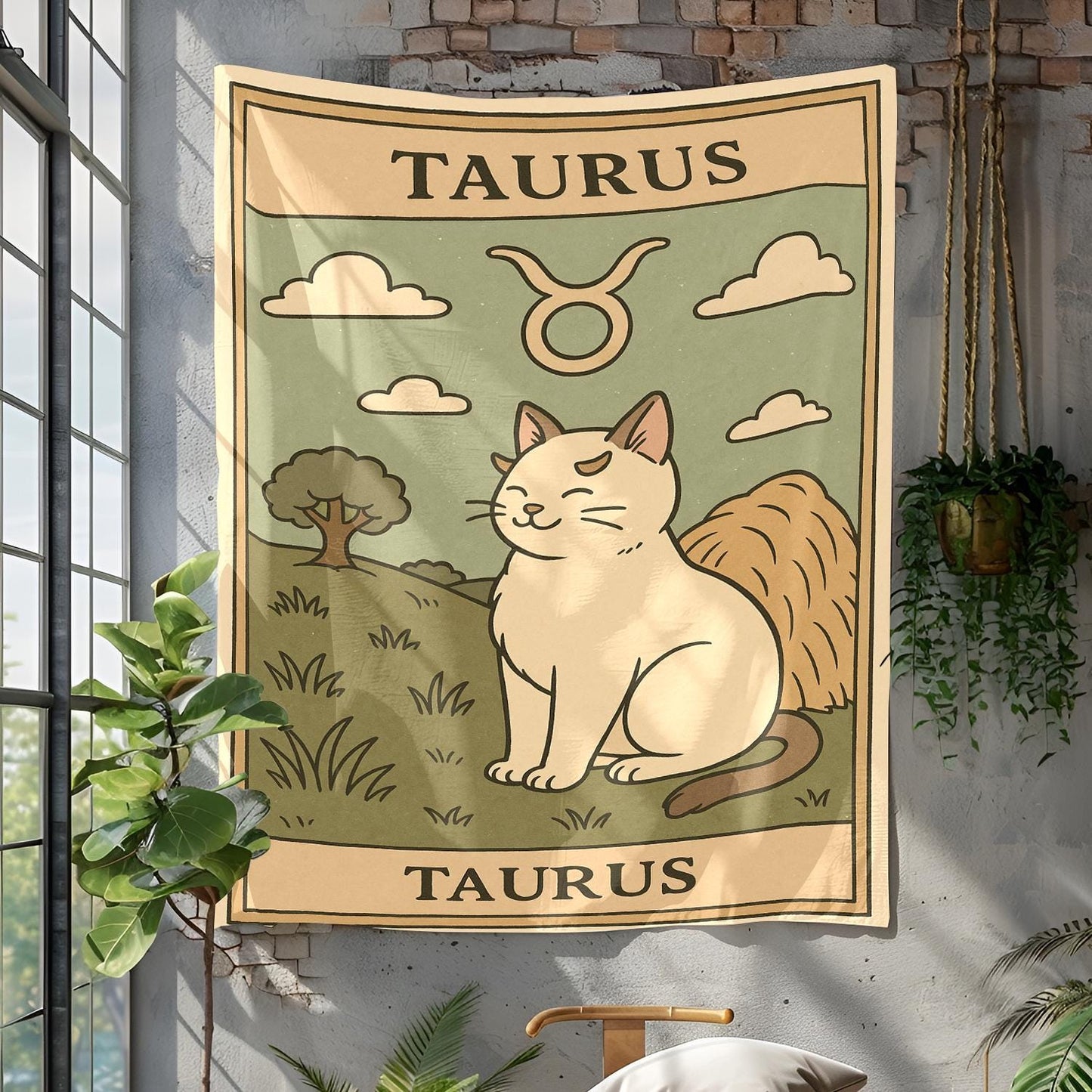 Taurus Zodiac Cat Tapestry Wall Art for Astrology Lovers and Cat Fans – Earthy Horoscope Home Decor with Cozy Celestial Vibes 95x70 Cm