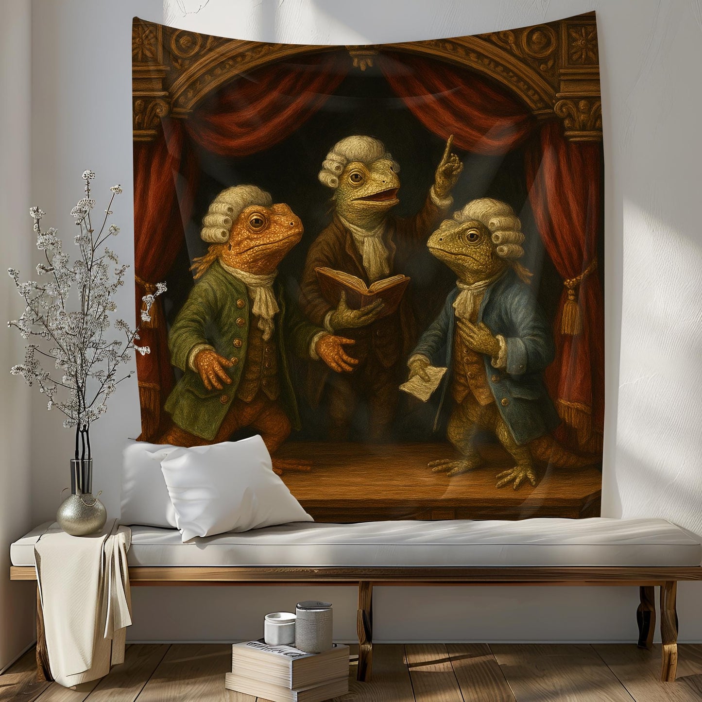 Colonial Lizard Courtroom Tapestry, Funny Bearded Dragon Wall Art, Historic Theater Reptile Print For Home Office Or Dorm Decor Gift