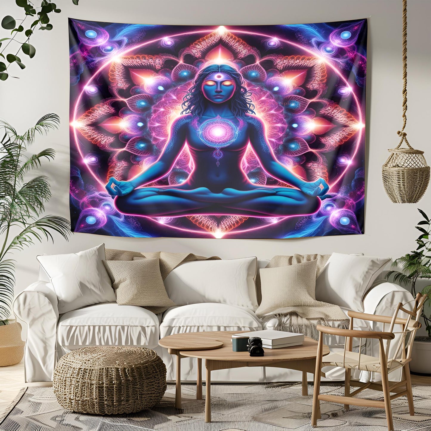 Psychedelic Meditating Figure Tapestry, Neon Fractal Cosmic Wall Art, Third Eye Awakening, Vibrant Mandala Visionary Decor, Psychedelic
