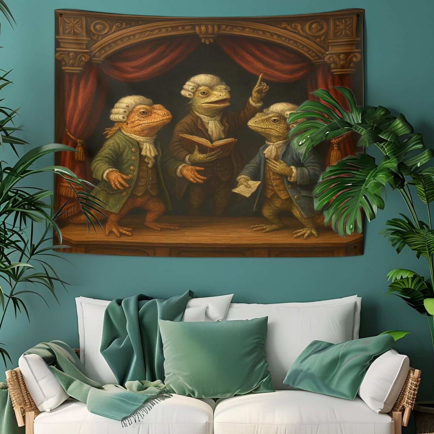 Colonial Lizard Courtroom Tapestry, Funny Bearded Dragon Wall Art, Historic Theater Reptile Print For Home Office Or Dorm Decor Gift