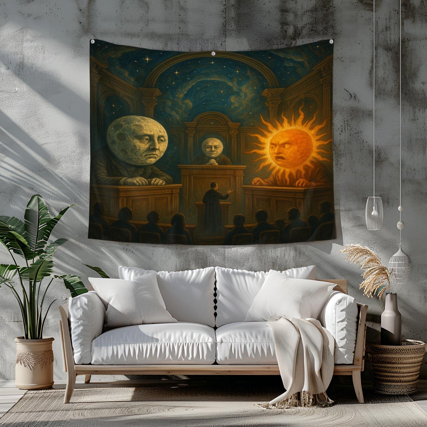 Sun And Moon Courtroom Tapestry, Surreal Cosmic Wall Art, Funny Outer Space Decor, Galaxy Trial Scene, Gift For Astronomy Or Art Lovers