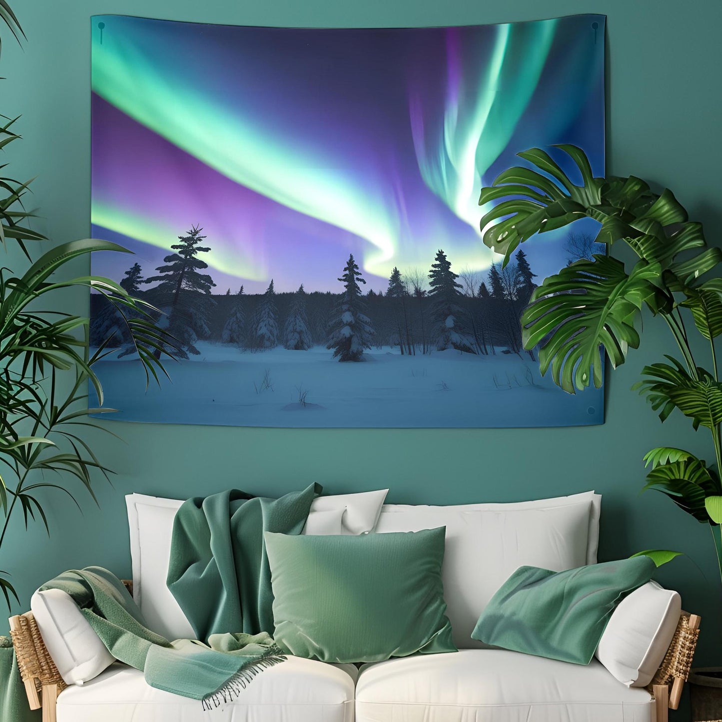 Snowy Forest Tapestry, Vibrant Aurora Borealis Sky with Swirling Northern Lights, Deep Blue Purple Minimalist Pine Silhouette Art