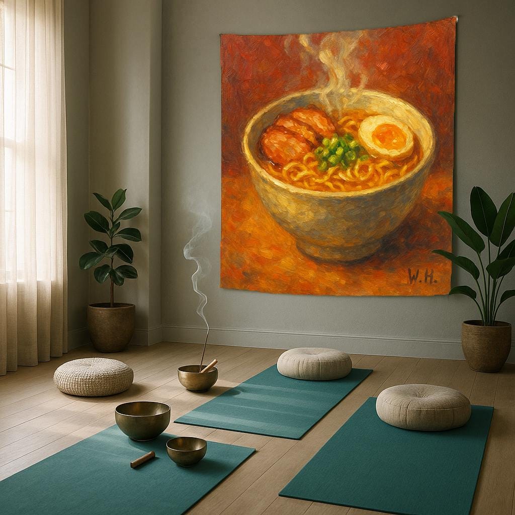 Ramen Bowl Wall Art Print, Japanese Noodle Soup Painting with Egg and Pork, Warm Kitchen Decor for Food Lovers and Ramen Enthusiasts