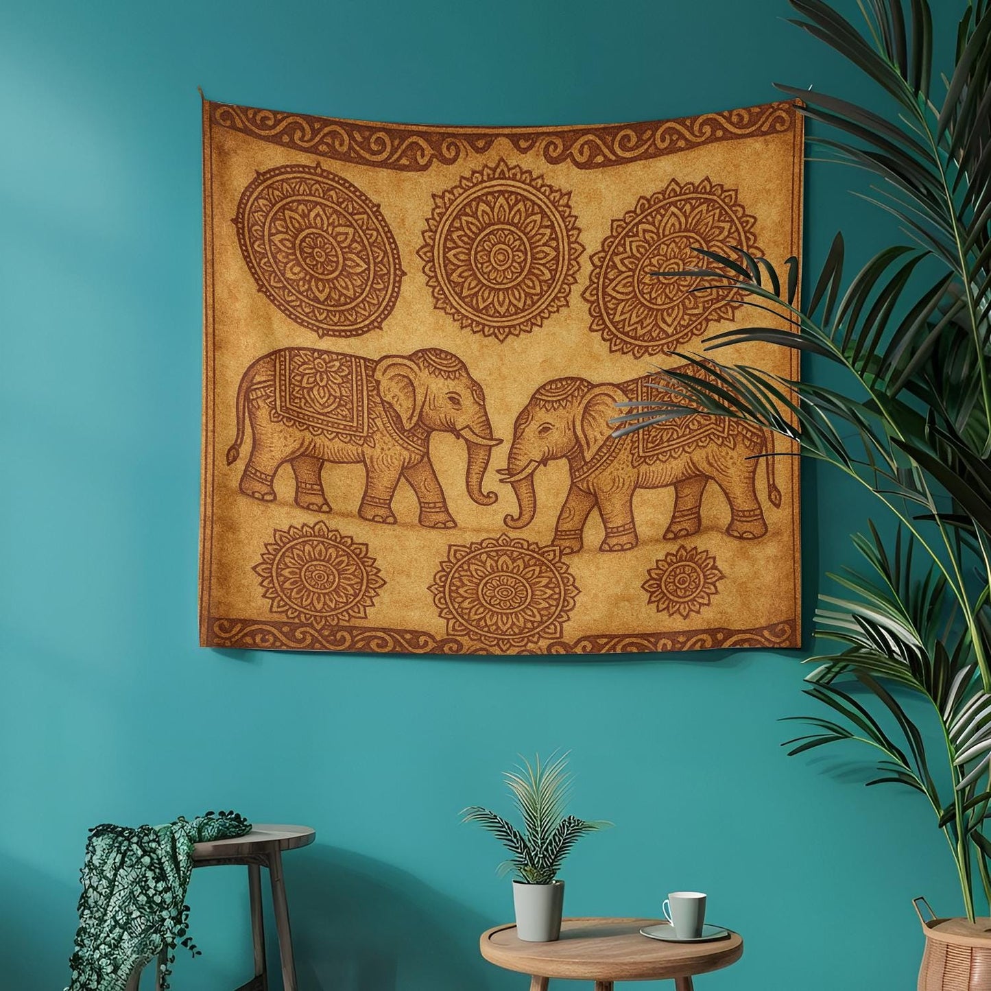 Twin Elephant Boho Wall Tapestry β Beige Mandala Tapestry with Sacred Elephant Pair and Tribal Floral Circle Accents for Zen Decor
