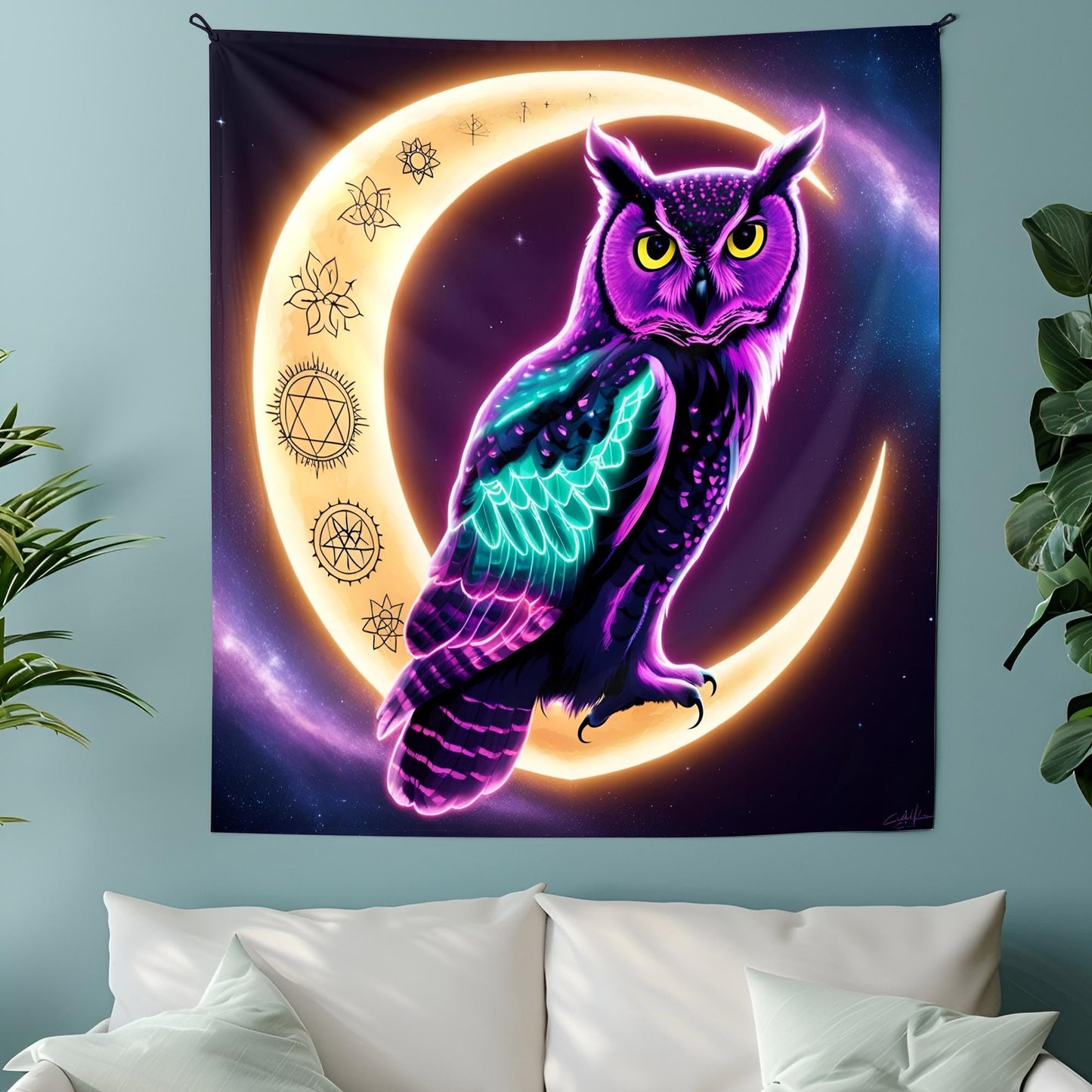 Neon Owl on Crescent Moon Tapestry, Glowing Feathers & Sacred Symbols, Celestial Cosmic Dust Wall Art,Trippy Tapestry, Psychdelic Decor
