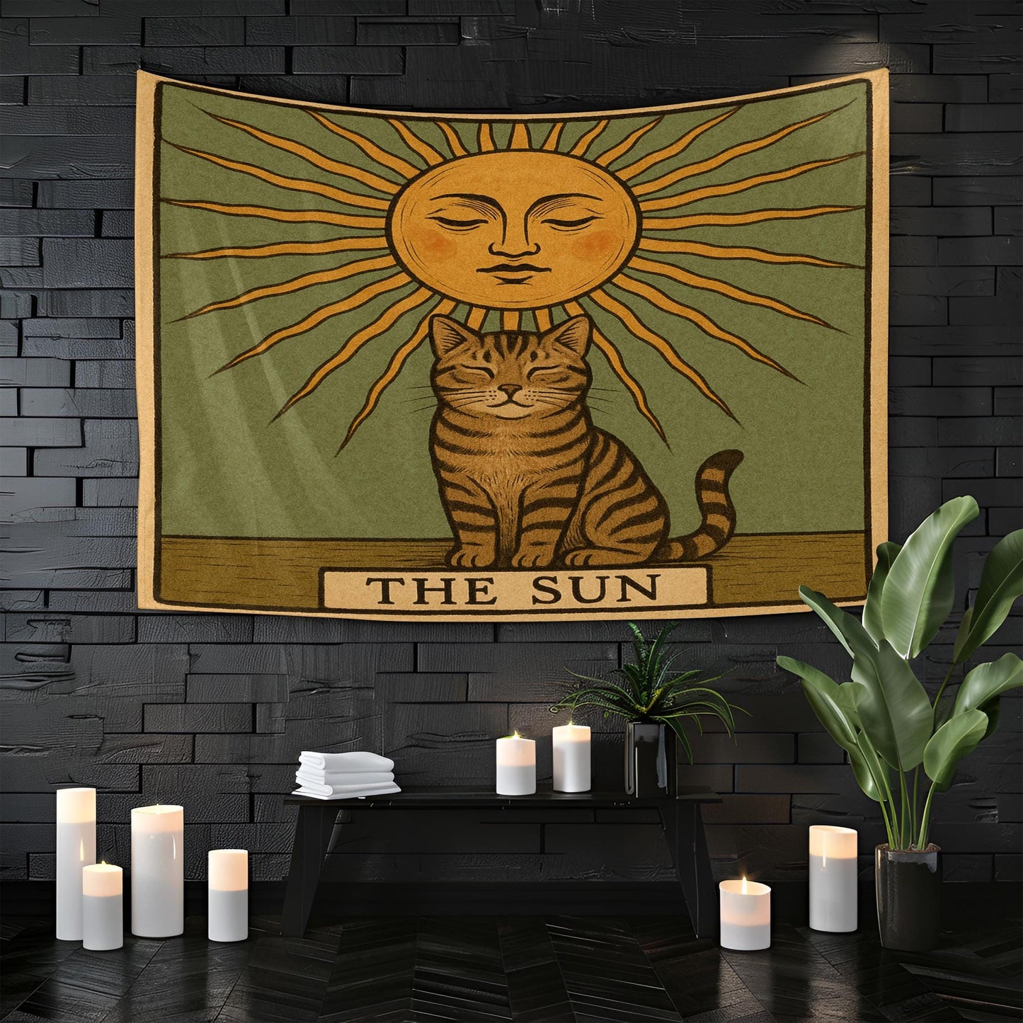 The Sun Cat Tapestry – Tarot-Inspired Wall Hanging, Mystical Boho Cat Wall Art, Celestial Decor for Bedroom, Dorm or Meditation Space