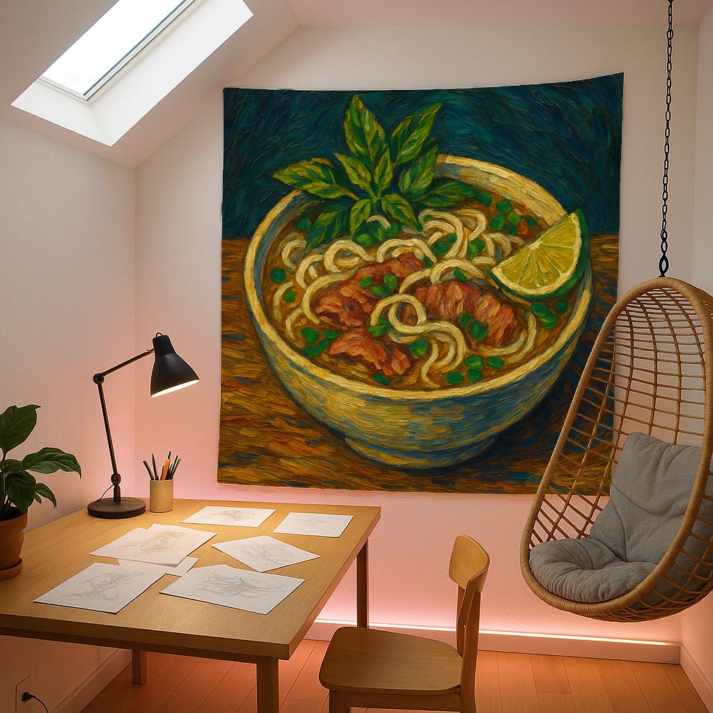 Vietnamese Pho Noodle Soup Wall Tapestry, Hand-Painted Style Food Art with Lime and Herbs, Cozy Kitchen or Dining Room Asian Cuisine Decor