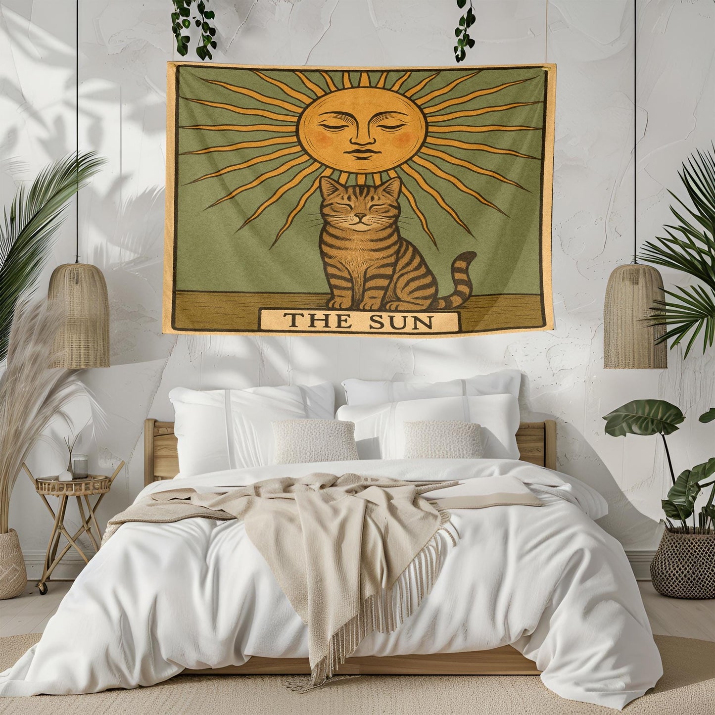 The Sun Cat Tapestry – Tarot-Inspired Wall Hanging, Mystical Boho Cat Wall Art, Celestial Decor for Bedroom, Dorm or Meditation Space