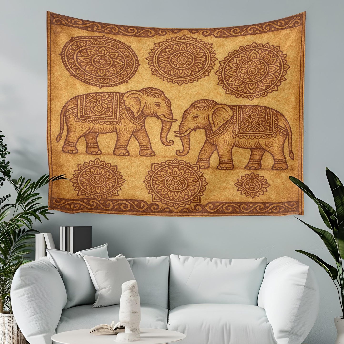 Twin Elephant Boho Wall Tapestry β Beige Mandala Tapestry with Sacred Elephant Pair and Tribal Floral Circle Accents for Zen Decor