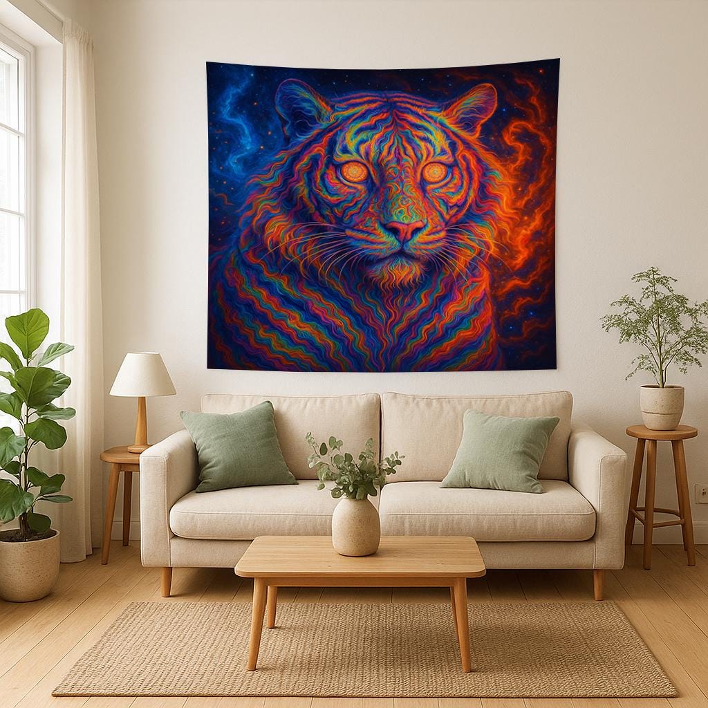 Psychedelic Tiger Tapestry, Trippy Neon Wall Art, Vibrant Jungle Decor, Boho Dorm Room Hanging, Cosmic Big Cat Gift, Festival Vibes
